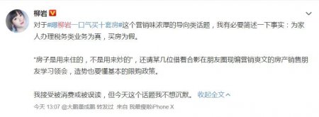 柳岩辟谣买十套房 称只是为家人办理税务业务