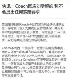 蔻驰不向刘雯索赔 因单方面解约需赔偿1.6亿违约金