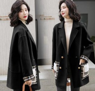 黑色毛呢外套 女士黑色毛呢大衣搭配图片