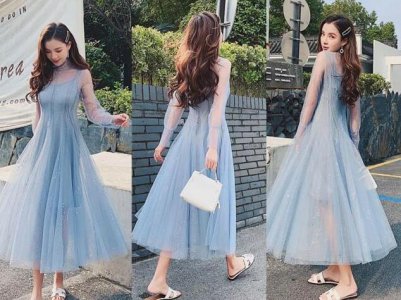 2021依然很流行穿蓝色连衣裙的 2021女式流行的蓝色长裙