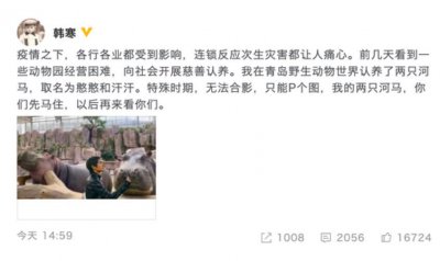韩寒认养两只河马 因疫情缘故向社会开展慈善认养